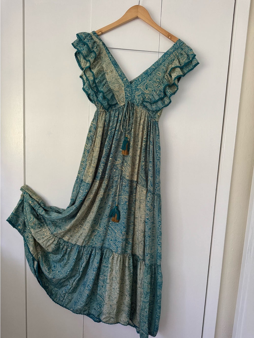 Teal Paisley Ruffle V-Neck Maxi Dress